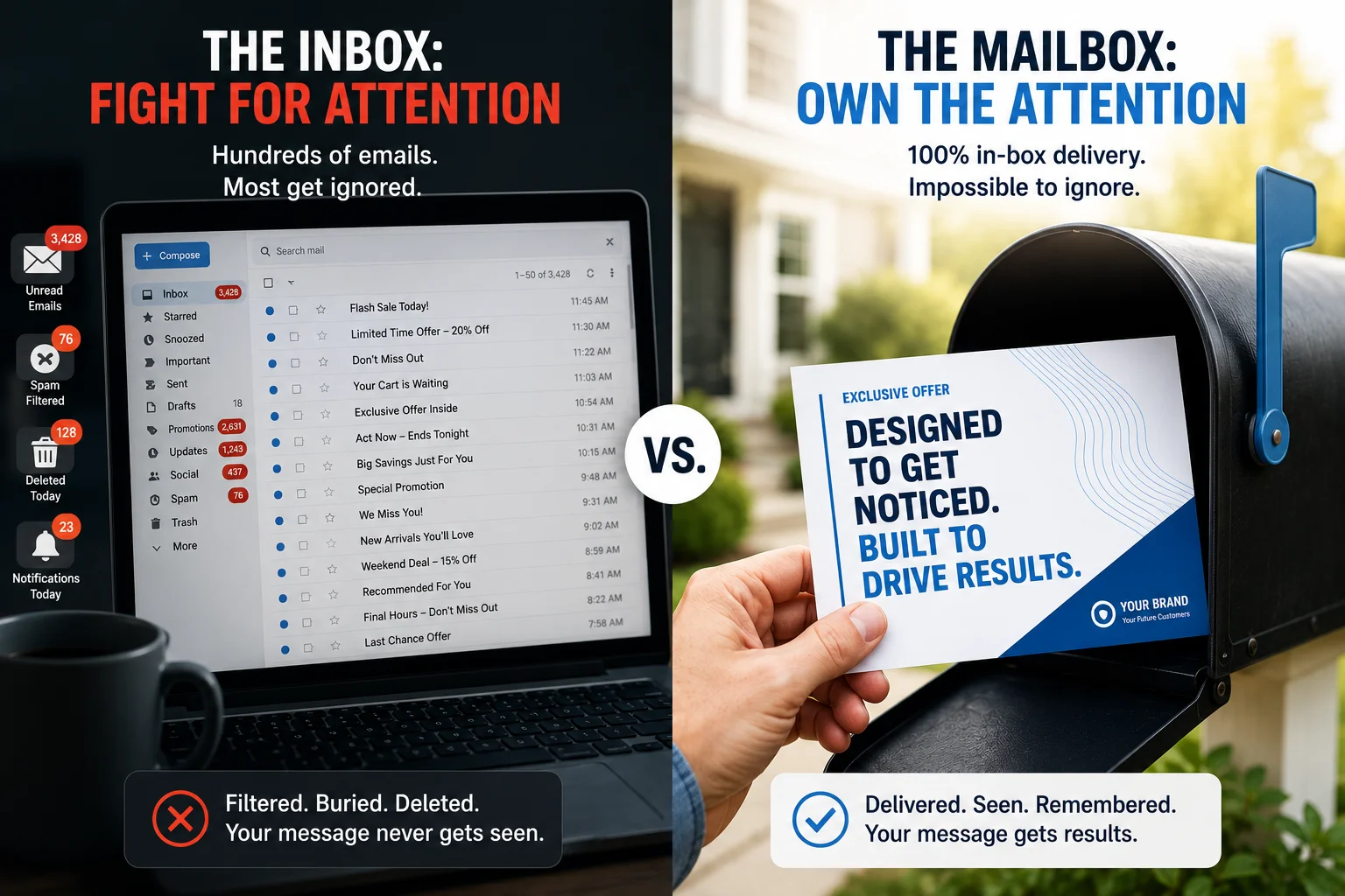 Direct mail versus email inbox comparison